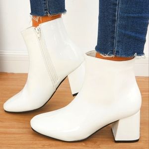 Pleather Block Heel Ankle Booties Square Toe Side Zipper Boots